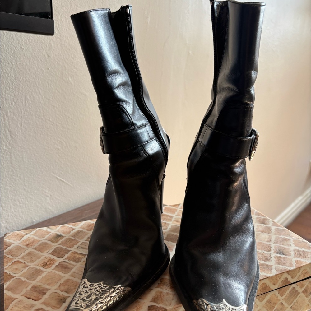 Black Leather Women's Boots with Silver Accents